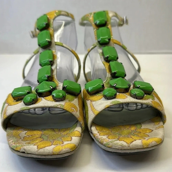 Prada T-Strap Open Toe Sandals Jacquard Floral Fabric Brocade Green Size 38 8 - Picture 2 of 10